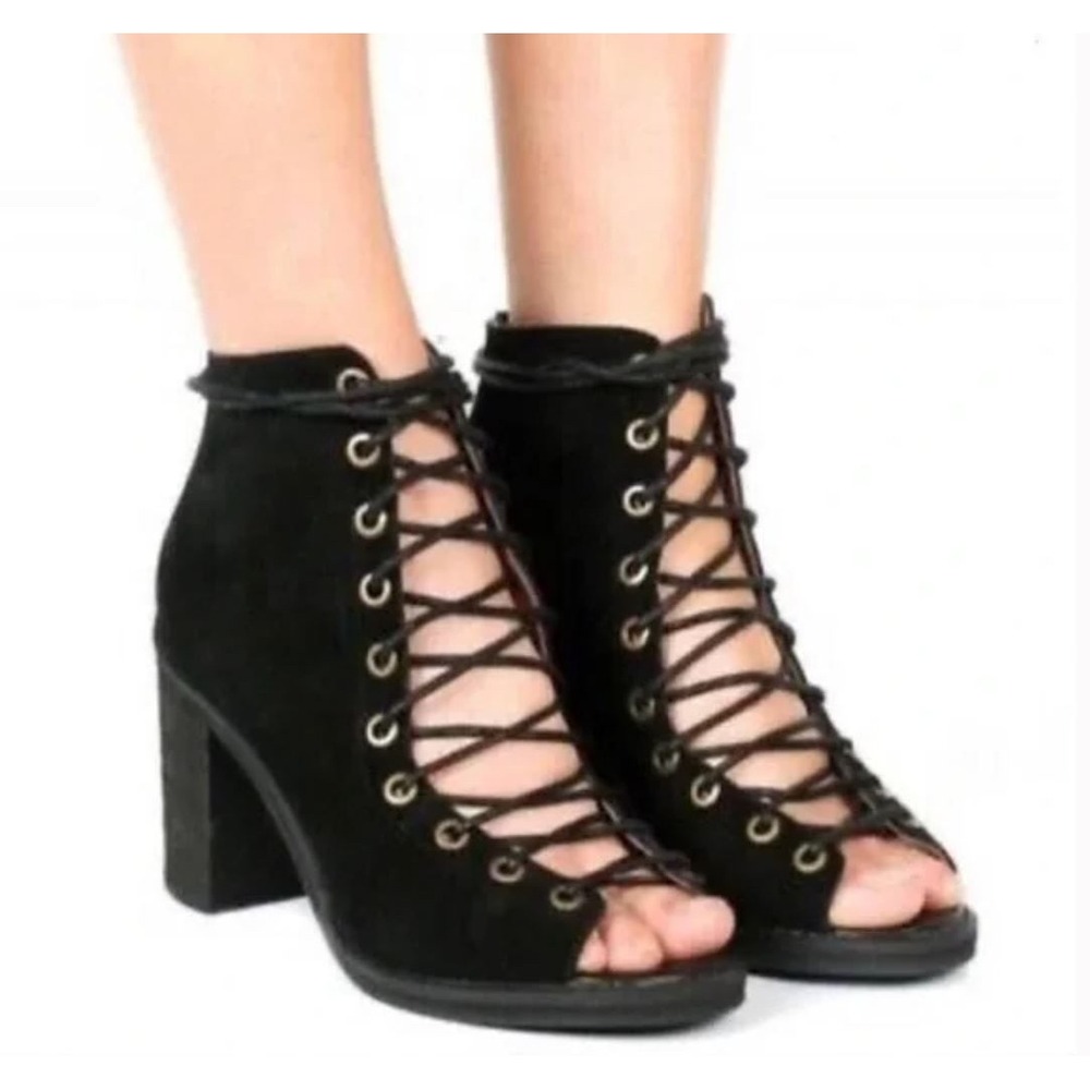 JEFFREY CAMPBELL‎ Cors Suede Lace Up Peep Toe Block Heel Booties Black Sz 8